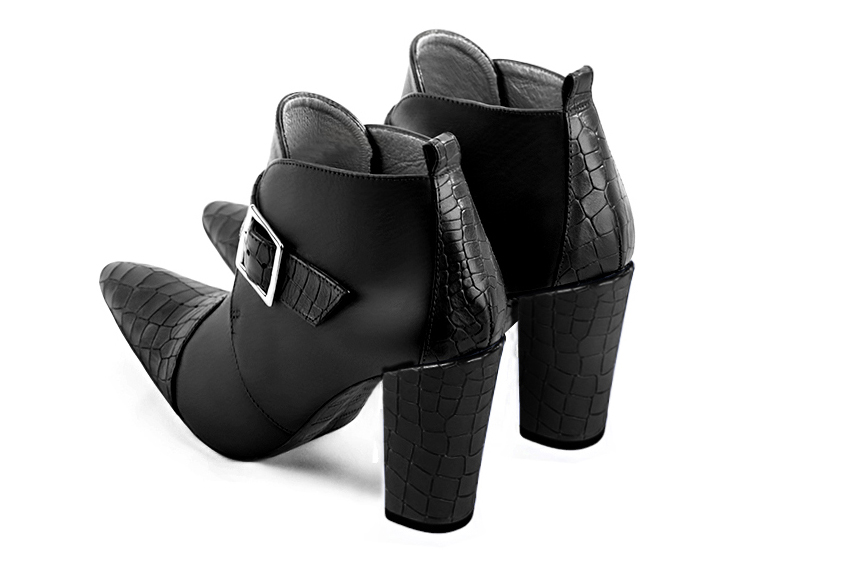 Satin black women's ankle boots with buckles at the front. Tapered toe. High block heels. Rear view - Florence KOOIJMAN